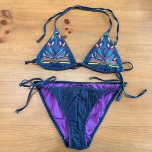 VTG. Victorias Secret Embroidered Denim Triangle Bikini Set Boho Size Med